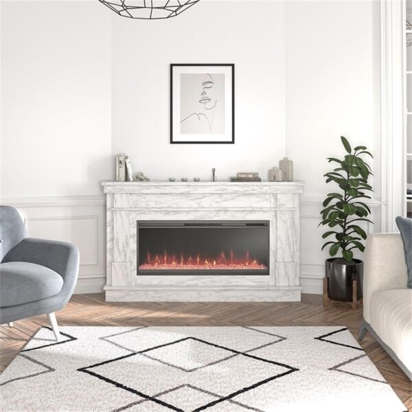 Novogratz Waverly 64 Inch Electric Fireplace with Mantel, Replaceable Fireplace Insert Heater, Remote Control, Timer, Color Changing Crystal Ember Flames, For Living Room or Bedroom, White Marble - Image 3