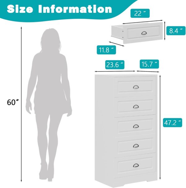 Meilocar Dresser with 5 Drawers, Wood Chest of Drawers, 47in Vertical White Dresser Storage Tower, 5 Drawer Dresser for Living Room, Bedroom, Hallway (White) - Image 2