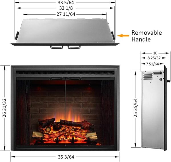 PuraFlame Klaus Electric Fireplace Insert with Fire Crackling Sound, Glass Door and Mesh Screen, 750/1500W, Black, 33 1/16 Inches Wide, 25 9/16 Inches High - Image 2