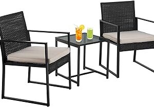 PayLessHere 3-Piece Rattan Wicker Bistro Set Outdoor Conversation Set Sturdy Frame Wicker Furniture with 2 Chairs Cushions Tempered Glass Table for Poolside Balcony Patio Bar Garden (Khaki)