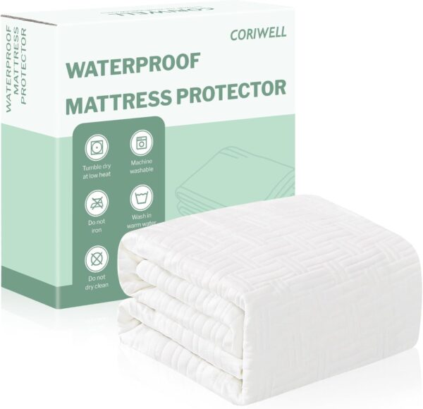 Coriwell King Size Waterproof Mattress Protector - Rayon from Bamboo Mattress Cover Washable - 3D Air Fabric Ultra Soft Breathable Cooling Noiseless Bed Mattress Pad with Deep Pocket Up to 18''