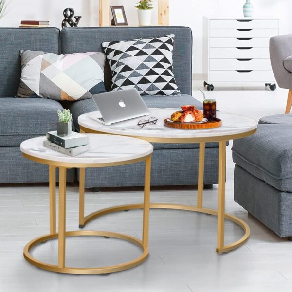 aboxoo Coffee Table Nesting White Set of 2 Side Set Golden Frame Circular Round and Marble Pattern Wooden Tables, Living Room Bedroom Apartment Modern Industrial Simple Nightstand - Image 2