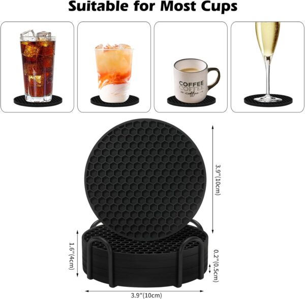 Coasters Set of 6 with Holder,Coasters for Drinks,Coffee Table Decor Coaster,Suitable for Kinds Cups,Anti-Slip,Non-Stick,Silicone Cup Coaster and Living Room Decor (6 Pcs, Black) - Image 4