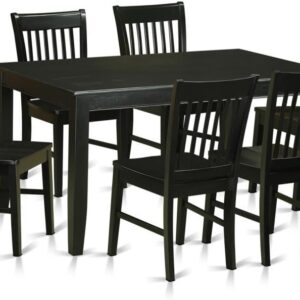 East West Furniture DUNO7-BLK-W 7-Piece Kitchen Table Chairs Set - a Rectangular Modern Kitchen Table - 6 Wood Dining Chairs with Solid Wood Seat & Slatted Back - Black Finish