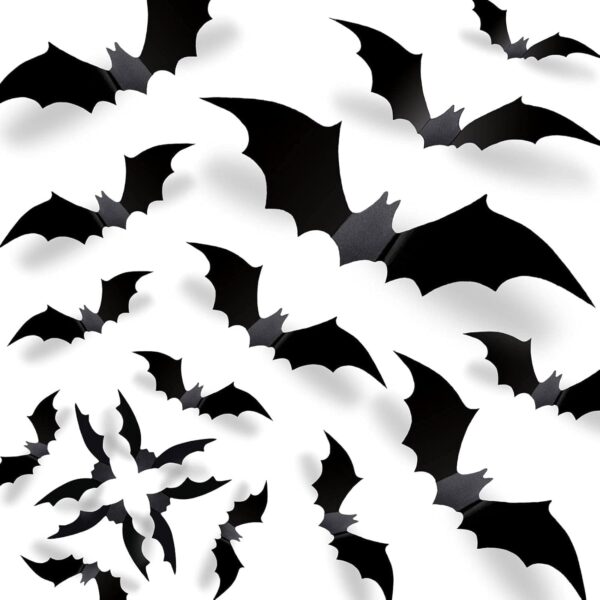 CESOF Halloween Bats Wall Decor 3D Bats Decorations - 120 Pcs 5 Sizes Matte Black PVC Reusable DIY Bat Stickers Vintage Wall Decals for Home Decor Porch Door Indoor Outdoor Party Supplies