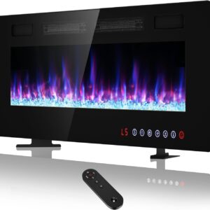 BREEZEHEAT 50 inch Electric Fireplace Wall Mounted/Freestanding-Ultra Thin Fireplace Inserts for Living Room with Heater, Remote Control, Touch Screen, Led Flame, 8H Timer, 750w/1500w