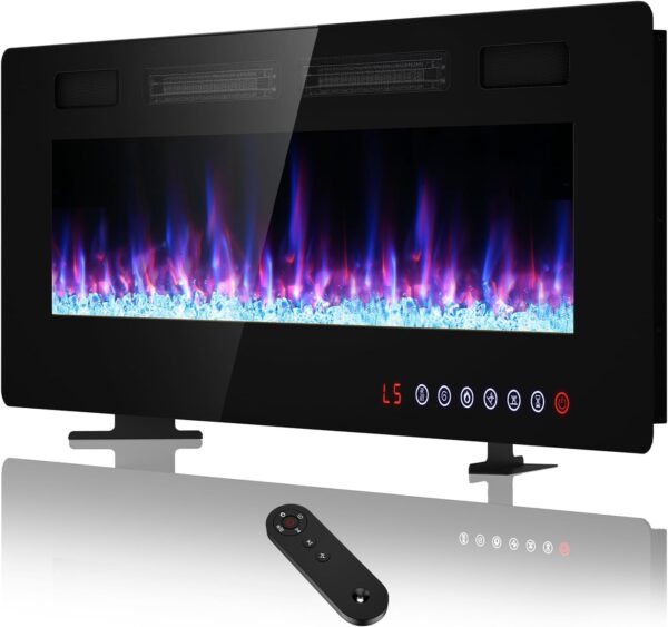 BREEZEHEAT 50 inch Electric Fireplace Wall Mounted/Freestanding-Ultra Thin Fireplace Inserts for Living Room with Heater, Remote Control, Touch Screen, Led Flame, 8H Timer, 750w/1500w