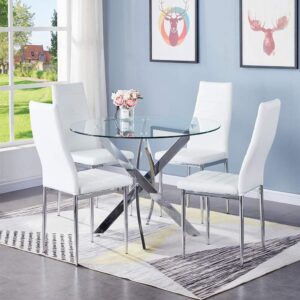 Round Tempered Glass Dining Table Set for 4, 5-Piece Modern Kitchen Table Set with 4 High-Back Upholstered Chair for Kitchen Dining Room (Sliver Table with White Chairs)