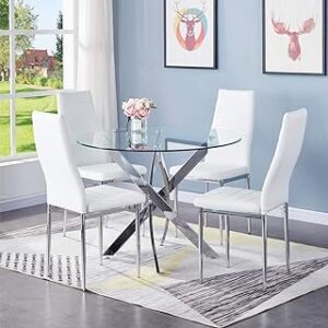 Round Tempered Glass Dining Table Set for 4, 5-Piece Modern Kitchen Table Set with 4 High-Back Upholstered Chair for Kitchen Dining Room (Sliver Table with White Chairs)