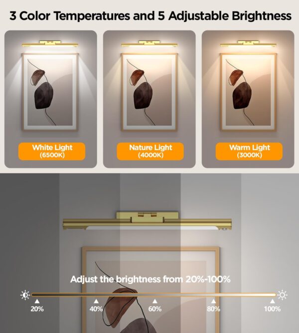 Picture Lights for Wall, Rechargeable Art Display Light with Digital Display, Remote Control, 3 Lighting Colors, Timer and Dimmable, LED Gallery Light for Painting Frame, Portrait etc - Image 2