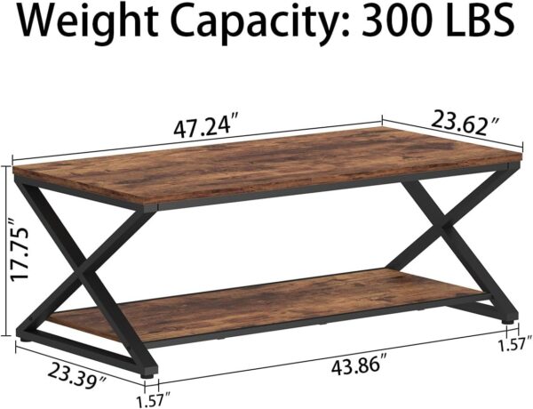 HSH Rustic Coffee Table with Storage Shelf, Industrial Metal Wood Living Room Table, Farmhouse Minimalist Rectangle Center Table, Vintage Simple 2 Tier Cocktail Table Tea Table, Rustic Brown, 47 Inch - Image 2