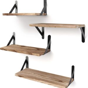 YGEOMER Floating Shelves for Wall, Light Carbonized Brown Wall Shelves Different Sizes, Wall Mounted Wood Shelf for Living Room, Bathroom, Bedroom, Kitchen, Home Decor (Set of 4)