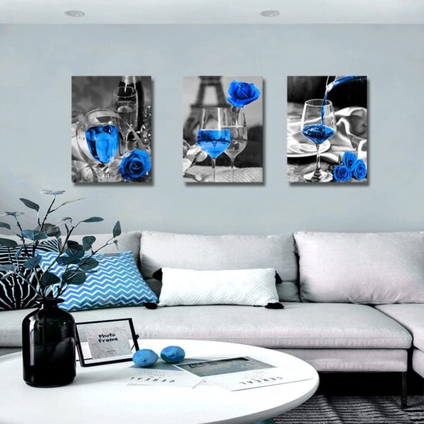Blue wall decor Blue kitchen decor Bathroom, room, dining room decor Wine decor canvas art blue wine rose artwork black and white with blue wine painting print rose art dining room picture 12x16"x3 - Image 4