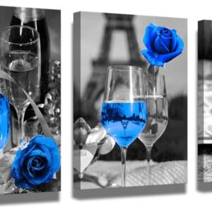 Blue wall decor Blue kitchen decor Bathroom, room, dining room decor Wine decor canvas art blue wine rose artwork black and white with blue wine painting print rose art dining room picture 12x16"x3
