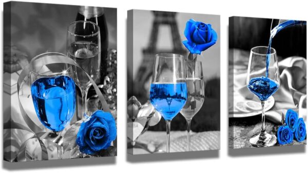 Blue wall decor Blue kitchen decor Bathroom, room, dining room decor Wine decor canvas art blue wine rose artwork black and white with blue wine painting print rose art dining room picture 12x16"x3