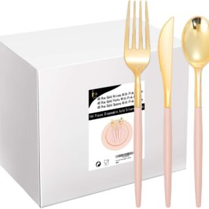 I00000 144 Pcs Gold Plastic Silverware, Disposable Flatware with Pink Handle, Gold Plastic Cutlery Includes: 48 Forks, 48 Knives and 48 Spoons,Gold Tableware for Parties and Weddings or Dinner