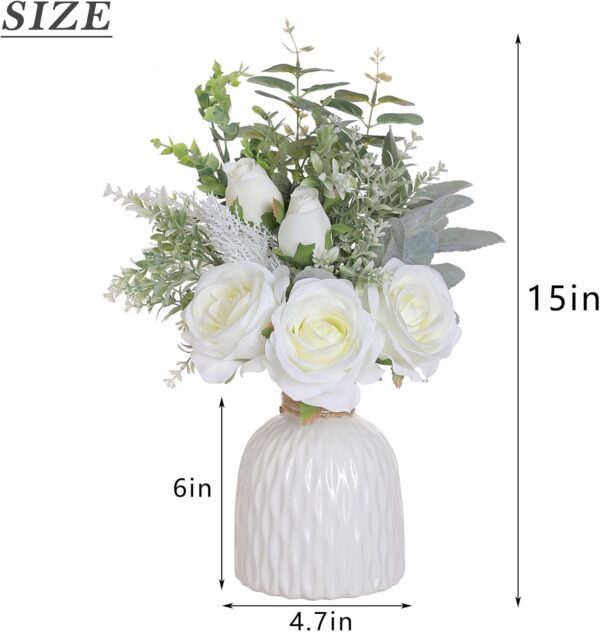 FOTEEWL Artificial Flowers with Ceramic Vase,Faux Silk Roses and Fake Plant Eucalyptus in Vase for Centerpiece Table Decorations, Living Room,Dining Table,Fireplace,Office,Farmhouse,Home Decor(White) - Image 6