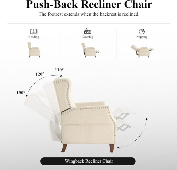 COLAMY Wingback Pushback Recliner Chair with Storage Pocket, Upholstered Fabric Living Room Chair Armchair with Wood Legs and Nailhead Trim, Beige - Image 6