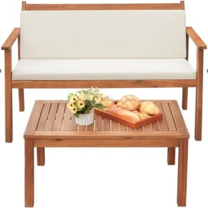 Greesum 4 Piece Bistro Patio Furniture Outdoor Chat Chair Set with Water Resistant Cushions and Coffee Table for Beach Backyard Garden, Acacia Wood