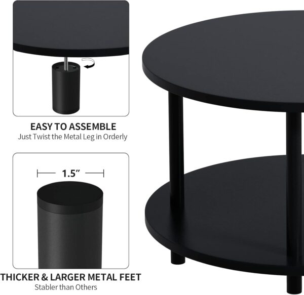 Small Round Coffee Table with Open Storage for Small Space, 23.5" Black 2-Tier Wooden Center Table for Living Room, Metal Legs, Easy to Assemble - Image 6