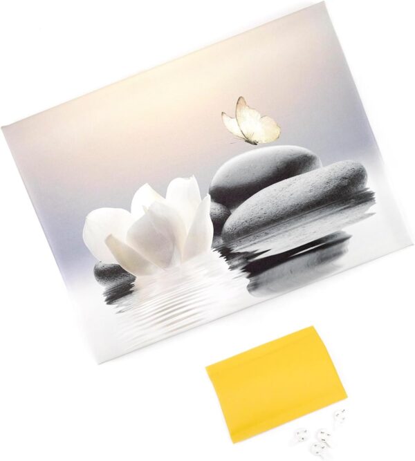 EOBTAIN Zen Stone Canvas Wall Art White Flower and Yellow Butterfly on Lake Wall Art for Bathroom Living Room Bedroom Modern Spiritual Yoga Spa Picture Wall Decor Framed Bedroom Wall Art,16x12 Inches - Image 7