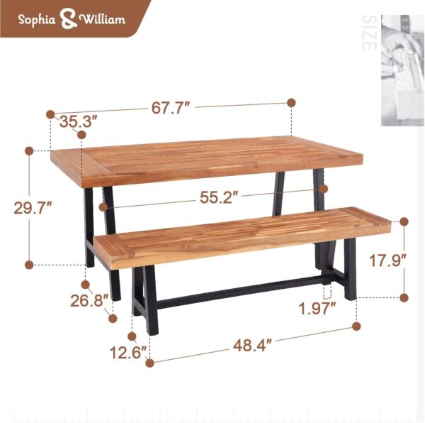 Outdoor Patio Dining set with Bench for 4, 3 Pieces Patio Outdoor Table Set Clearance for Backyard Deck Porch Outside, Acacia Wood Table and Benches Teak, Oil Finished & Spray Painted - Image 7