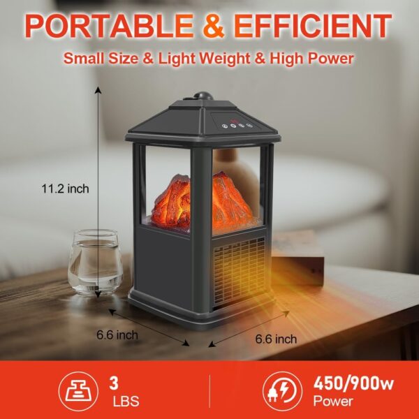 Portable Small Electric Fireplace Heater 3-Color Flame 900W Freestanding Space Heater Mini Electric Stove Heater with 4 Sided 59-90℉ Thermostat 12h-Timer Remote Control Overheat&Tip-Over Protection - Image 5