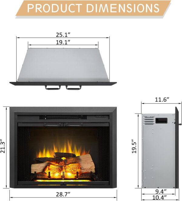 LegendFlame® Damon 35" W Electric Fireplace Insert with Glass Door and Mesh Screen (EF264B), Fireplace Heater 750/1500W, Fire Crackling Sound, Remote Control. - Image 3