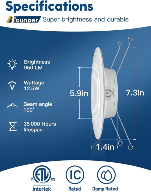 BBOUNDER 12 Pack 5/6 Inch LED Retrofit Recessed Lighting, Selectable 5CCT, Baffle Trim Can Lights, Dimmable, 12.5W=100W, 950 LM, 2700K/3000K/4000K/5000K/6000K Adjustable, Dimmable Recessed Lighting - Image 6