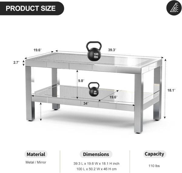 IKIFLY Mirrored Coffee Table with Mirror Crystal Board, Glass Rectangle End Table Coffee Tea Table with 2 Tier for Living Room Bedroom - Image 2