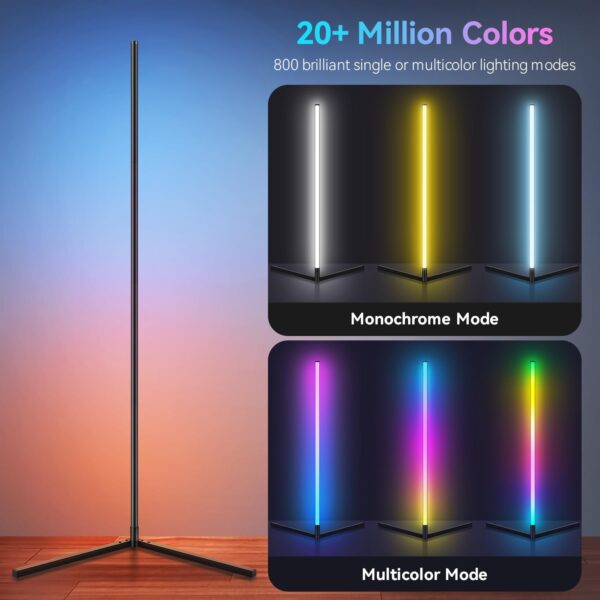 Corner Floor Lamp, 61" RGB Led Floor Lamp, Dimmable Ambient Lighting Corner Lamp, Music and Voice Sync, Color Changing Lamp with Bluetooth App and Remote Control for Living Room, Bedroom, Gaming Room - Image 2