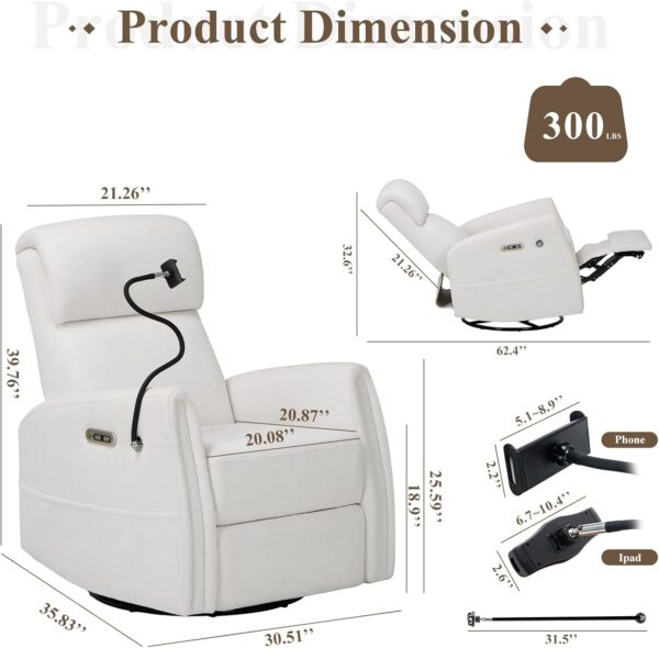 COLAMY Power Swivel Glider Recliner Chair, Nursery Rocking Chair, Living Room Chair, 270° Swivel 145° Recliner Chair with Built-in Charging Ports for Living Room, Apartment, Home, White - Image 2