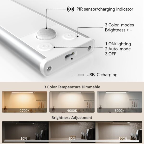 Under Cabinet Lighting, 3 Color Magnetic Motion Sensor Light Indoor, USB Rechargeable Closet Lights 1800mAh Battery Operated, Wireless Dimmable Under Counter Light Bar for Kitchen,Hallway - Image 3