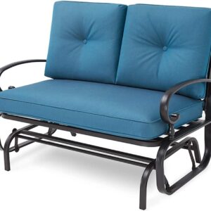 Crownland Outdoor Patio Glider Chair Porch Furniture Loveseat Seating, Wrought Iron Patio Glider for Outside with Cushion (Peacock Blue)