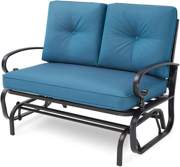 Crownland Outdoor Patio Glider Chair Porch Furniture Loveseat Seating, Wrought Iron Patio Glider for Outside with Cushion (Peacock Blue)