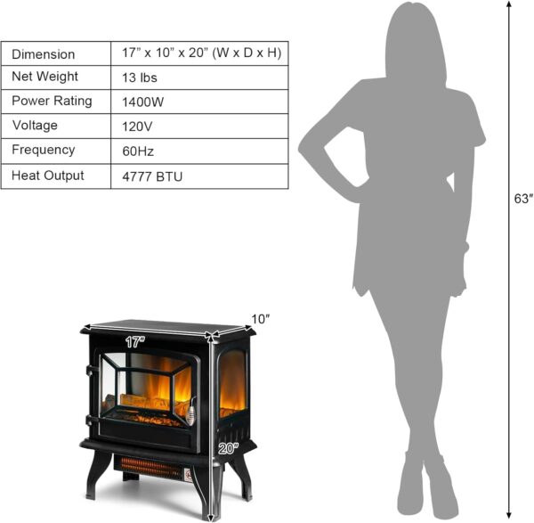 GOFLAME 20" Electric Fireplace Stove, Freestanding Fireplace Heater with Realistic Flame Effect and Adjustable Thermostat, Compact Stove Heater with Overheating Safety Protection, CSA Certified, 1400W - Image 7