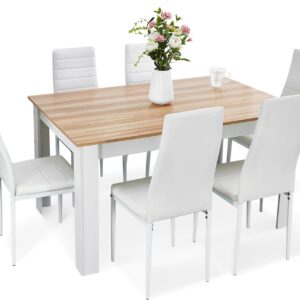 Dining Table and Chairs Set 6, 7 Pieces Kitchen Table Set with High Back Faux Leather Chair for Dining Room Kitchen Rectangular Modern (Oak Table White Chairs)