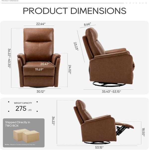 Swivel Rocking Recliner Glider Chair, Leather Reclining Rocker Chair with Footrest for Living Room, Nursery, Office, Bedroom, Ergonomic High Backrest, Wide Seat Cushion and Metal Base-Cocoa - Image 2