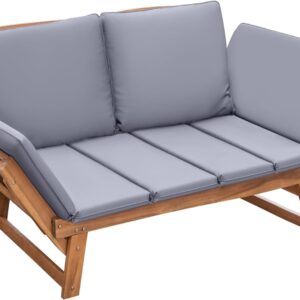 Devoko Outdoor Couch Acacia Wood Patio Couch with Adjustable Armrests,Outdoor Convertible Sofa with Removable Cushions&Pillows for Patio, Porch, Poolside(Grey)