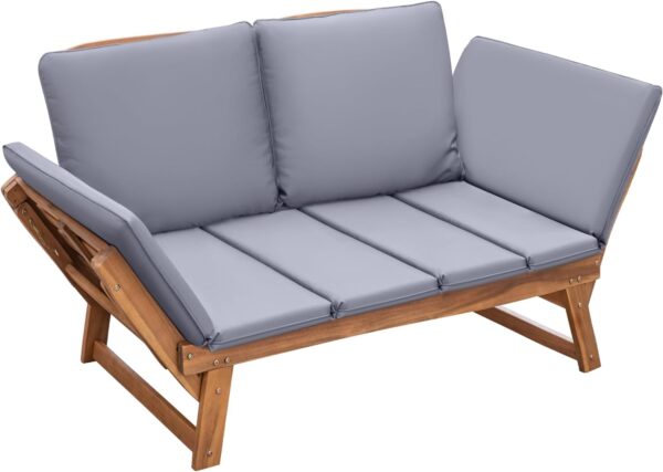 Devoko Outdoor Couch Acacia Wood Patio Couch with Adjustable Armrests,Outdoor Convertible Sofa with Removable Cushions&Pillows for Patio, Porch, Poolside(Grey)