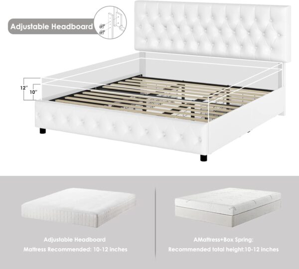 Keyluv Modern Upholstered Bed Frame with 4 Drawers, Button Tufted Headboard Design, Solid Wooden Slat Support, Easy Assembly, Queen Size, White - Image 6