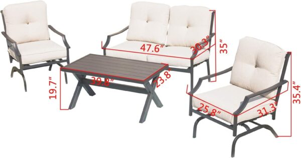 PatioFestival Patio Conversation Set Metal Outdoor Furniture Sets All Weather Cushioned Loveseat & 2 Rocking Chairs & 1 Coffee Table for Poolside Lawn Yard 4pcs - Image 6