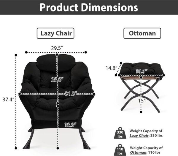 Lazy Chair with Folding Ottoman, Accent Chair Velvet Upholstered with Metal Structure and Non-Slip Pads, Sofa Armchair with Footrest and Side Storage Bag for Dorm, Room, Office, Black - Image 3