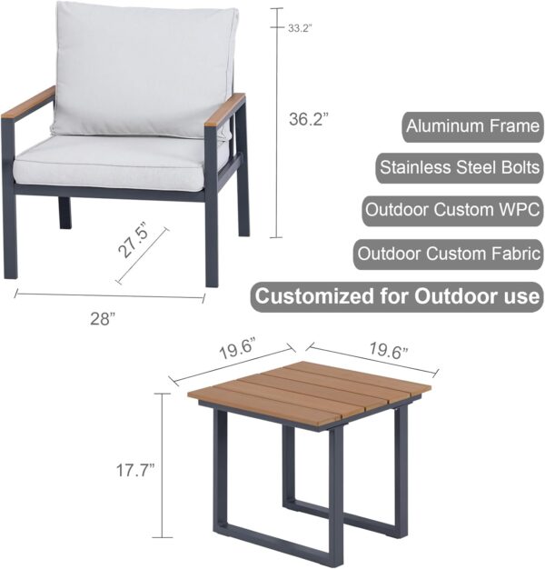 KMX Aluminum 3-Piece Patio Conversation Bistro Set with 2 High-Backrest Chairs, Gray Cushions, and a Chic Coffee Table, All-Weather Patio Outdoor Furniture Set for Porch, Balcony, Backyard - Image 6