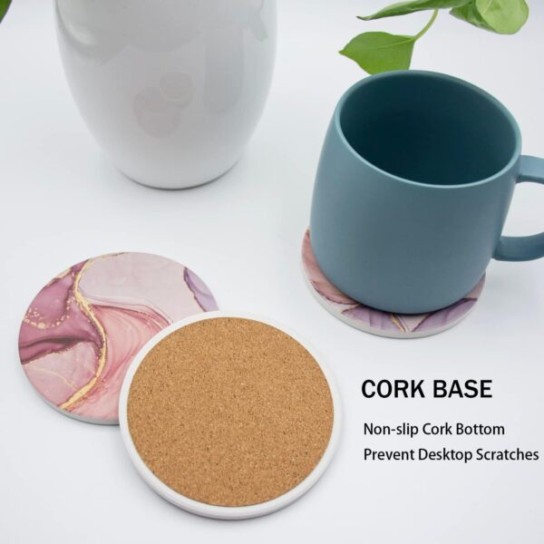Absorbent Pink Marble Ceramic Coasters for Drinks with Gold Holder and Cork Base Set of 6 Round Decorative Tabletop Protection for Coffee Table Bar Kitchen Home and Dining Room - Image 3