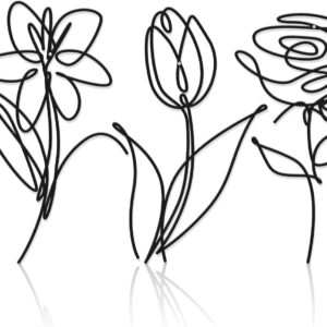 Ferraycle 3 Set of Metal Flower Wall Decor 9.84 x 5.91 Inch Mother's Day Metal Wall Ornament Art Black Minimalist Wire Signs for Bedroom Patio Balcony Bathroom Office Restaurant Shop Presents Gifts