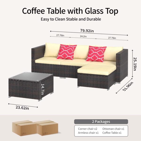 Aiho Patio Furniture Set All Weather Outdoor Sectional Patio Sofa Set Wicker Patio Furniture with Tempered Coffee Table, for Backyard Porch Poolside, Beige - Image 2