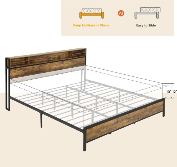 King Size Bed Frame with Storage Headboard, King Bed Frame with USB Ports & Charging Outlets, Upgraded 2-Row Support Bars, No Box Spring Needed, Vintage Brown&Black - Image 7