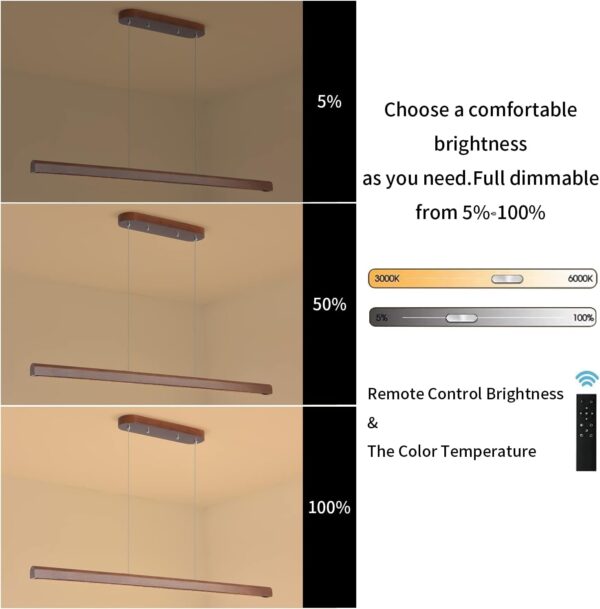 47.2" Wood Linear Pendant Light 34W Led Dimmable Dining Pendant Light Wood Kitchen Island Lights Ceiling Pendant Hanging Light for Dining Room Office studing Walnut Color(Ash Wood) - Image 6