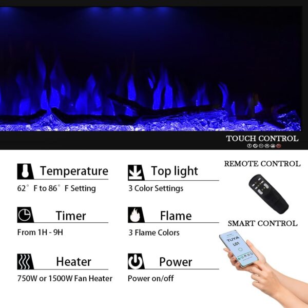 Luxurious 60" WiFi Smart Electric Fireplace, Recessed &Wall Mounted Fireplace Heater, Adjustable Flame Color, Remote &Touch Control with Timer &Thermostat, Log &Crystal Set, Work with Alex - Image 6